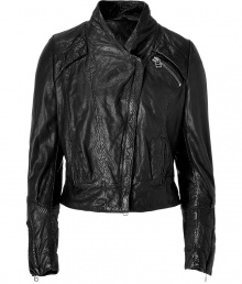 Luxe, fine-patterned leather - Feminine interpretation of the narrow, short biker cut - Covered asymmetric zipper and short stand collar - Long arms with wrist zippers - Decorative, exposed zipper at back - Must-have jacket to bring style to chic or casual outfits day and night Luxe, fine-patterned leather - Feminine interpretation of the narrow, short biker cut - Covered asymmetric zipper and short stand collar - Long arms with wrist zippers - Decorative, exposed zipper at back - Must-have jacket to bring style to chic or casual outfits day and night