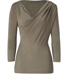 Elegant top in fine, khaki viscose stretch blend - Luxe, lighter weight fabric hangs beautifully, flattering every curve - On-trend, fitted 3/4 sleeves and glamorously draped, asymmetrical neckline - Long, lean silhouette, hits below hips - A stylish, sophisticated must for work, parties and cocktails - Pair with leather leggings, cigarette pants or dress trousers