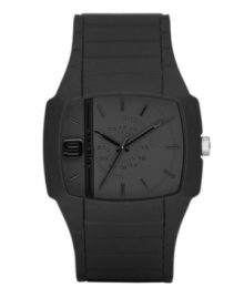 Diesel's black-on-black watch is the ultimate in stealth style. Black silicone bracelet and square black silicone-wrapped stainless steel case. Black dial features black stick indices and hands, large numeral at nine o'clock and vertical black bar with logo. Analog movement. Water resistant to 50 meters. Two-year limited warranty.