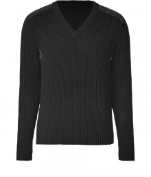 Military-inspired accents add a trend-right flair to this wool sweater from Belstaff - V-neckline, long sleeves, ribbed knit, quilted details at shoulders, grommet side embellishment - Wear with jeans, corduroys, or chinos