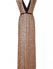 Ultra glamorous with a fantastically modern-vintage feel, Jenny Packhams sequined floor-length gown is an exquisitely executed masterpiece, guaranteed to set your look soaring - Deep V-neckline in front and back with black underlay, beaded strap at nape for hold, beaded black waistband, hidden back zip, short train - Form-fitting silhouette, floor-length - Team with a dusting of fine jewelry and flawless accessories