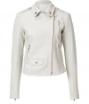 Luxe in leather with a pristine white hue, Theorys textured jacket counts as a must for contemporary spring looks - Snapped notched collar, off-center zipper, long sleeves, zippered cuffs, zippered slash pockets - Close, cropped fit - Wear over everything from tees and jeans to sheath dresses and heels