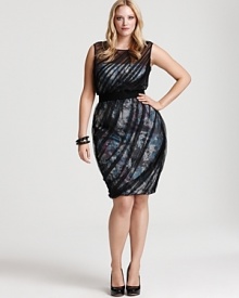 A layer of draped tulle lends a sultry feel to this alluring printed dress from Tadashi Shoji Plus.