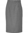 Inject classic style into your workweek look with this chic houndstooth skirt from Jil Sander - Classic pencil silhouette, wide waistband, all-over micro houndstooth print, concealed side zip closure - Wear with a button down blouse, a cashmere cardigan, and classic pumps