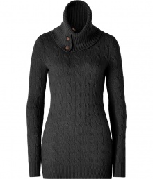 Undeniably chic, this extra-long cable knit sweater from Polo Ralph Lauren boasts a cable knit pattern and a large coal neckline - Oversized cowl neck with buttons, long sleeves, slim fit, cable knit pattern, ribbed cuffs and hem, long body - Pair with leather leggings, skinny jeans, or a pencil skirt