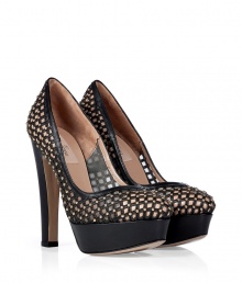 Step up sharply tailored looks with Valentinos eye-catching platform pumps, detailed with allover studding for edgy and alluring results guaranteed to make an impact - Round toe, black leather trim, sheer upper with studded leather grid overlay, nude underlay at cap and counter - Wear as a statement finish to sharply tailored looks