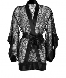 Turn up the heat with a finish of modern lace in Kiki de Montparnasses satin trimmed kimono - Wrapped front, draped abbreviated sleeves, sheer - Tailored at the waist with a self-tie sash - Wear over saucy lingerie, or as a feminine finish to cashmere leggings, camis and silk slippers