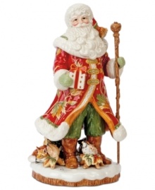 Santa stands alone as the jolliest man on Christmas in Fitz and Floyd's Bountiful Holiday figurine. Rich with detail, from the autumnal pattern in his coat to the animals on the forest floor below, it makes a very merry impression in any holiday setting.