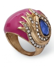 Eye-catching style, by Bar III. Go for glam with this golden ring with beautiful pink enamel and blue and clear acrylic accents. Crafted in gold tone mixed metal. Size 7.