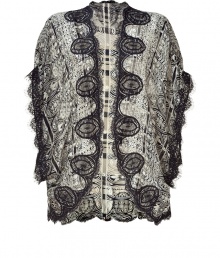 Intricate cover-up of black and white silk features delicate pattern that is endlessly interesting - Sheer and sexy, with wide sleeves, rounded hem and open front - Wear as a special touch for a glamorous evening over a cocktail dress, or leather leggings and silk tank and favorite clutch Intricate cover-up of black and white silk features delicate pattern that is endlessly interesting - Sheer and sexy, with wide sleeves, rounded hem and open front - Wear as a special touch for a glamorous evening over a cocktail dress, or leather leggings and silk tank and favorite clutch