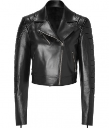 The classic biker jacket gets an ultra-chic redux with this cropped iteration from Versace - Spread collar, asymmetric front zip closure, long sleeves with quilt-detailed shoulders and zip cuffs, zip cheest and side pockets, slim fit, cropped silhouette - Wear with a printed mini dress, skinny jeans and a tee, or a cocktail frock