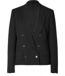 Luxurious jacket made from a fine black wool blend - Stylish Spencer silhouette, slim and short, with wide, deep lapels and long sleeves - Double breasted, two flap pockets - Modern, mega elegant alternative to a classic blazer - In the office with a blouse and pencil skirt, for evening with a top and skinny jeans