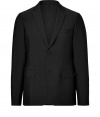 Exquisitely tailored with a flawless slim fit, Jil Sanders classic black blazer guarantees to give your look a seamlessly sophisticated edge - Notched lapel, long sleeves, buttoned cuffs, double-buttoned front, flap pockets, back vent - Contemporary slim fit - Wear with an immaculately cut shirt and matching slim fit trousers