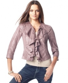 INC's cropped jacket makes just the right mix of tough and tender. Soft ruffles in front offset the edgy coated fabric. INC's cropped jacket makes just the right mix of tough and tender. Soft ruffles in front offset the edgy coated fabric.