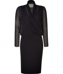 Subtle yet sophisticated, this lovely draped dress from Alberta Ferretti is the perfect party frock - Faux-wrap sheer blouson top, long sleeves, fitted solid underlay, fitted pencil skirt - Form-fitting - Wear with statement heels and a clutch