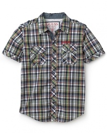 Chambray trim adds a polished edge to this preppy plaid short-sleeve shirt from GUESS Kids. Chambray trim adds a polished edge to this preppy plaid short-sleeve shirt from GUESS Kids.