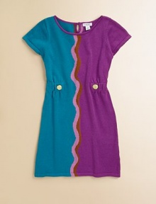 This above-the-knee knit cotton sheath dress with groovy colorblock design is complemented with a cinched waist and front buttons.Cap sleevesBack keyhole with button closureCottonMachine washImported This above-the-knee knit cotton sheath dress with groovy colorblock design is complemented with a cinched waist and front buttons.Cap sleevesBack keyhole with button closureCottonMachine washImported