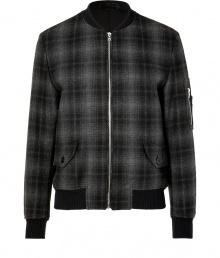 Give your look a downtown edge with PS by Paul Smiths tonal grey plaid wool blend jacket, detailed with fine ribbed trim for that school-cool feel - Short collar, long sleeves, exposed metal front zip, front flap pockets, zippered pocket on sleeves, slim fit - Pair with jeans and moto boots Give your look a downtown edge with PS by Paul Smiths tonal grey plaid wool blend jacket, detailed with fine ribbed trim for that school-cool feel - Short collar, long sleeves, exposed metal front zip, front flap pockets, zippered pocket on sleeves, slim fit - Pair with jeans and moto boots