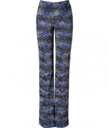 With an easy wide-legged silhouette and shimmer of metallic luster, Missonis tonal blue zigzag knit pants are a fashion-forward way to wear the brands iconic knit - Elasticized waistband, pulls on - Wide leg, fully lined, extra long length - Wear with a matching knit top and sky-high platforms With an easy wide-legged silhouette and shimmer of metallic luster, Missonis tonal blue zigzag knit pants are a fashion-forward way to wear the brands iconic knit - Elasticized waistband, pulls on - Wide leg, fully lined, extra long length - Wear with a matching knit top and sky-high platforms