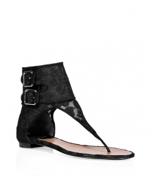 Chic black lace thong sandals from Laurence Dacade - With an edgy lace detail, these luxe sandals add charm to any ensemble - Lace upper, two buckle closure, flat with leather sole - Wear with a floral mini dress, boyfriend cardigan, and oversized satchel