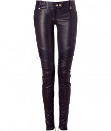 Rock n roll style goes ultra-luxe with these of-the-moment skinny leather pants from Balmain- Snap tab closure, belt loops, zip pockets, stitching details at fly, thighs, and back, seaming details, zips at hem, skinny fit, biker-style- Wear with an oversized top, a cropped blazer, and platform heels