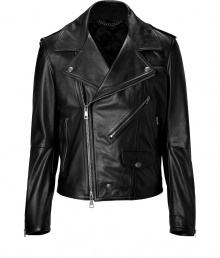 With sleek biker-inspired styling, this sumptuous leather jacket adds urbane-cool to your new-season looks - Notched collar with snapped lapel, long sleeves with zippered cuffs, snapped epaulettes, off-center front zip closure, zippered slit pockets, belted side tabs - Fitted - Wear with a cashmere pullover, straight leg jeans, and motorcycle boots