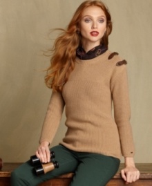 Rendered from a super-soft fabric blend with a touch of luxe cashmere, Tommy Hilfiger's knit sweater is an autumn essential. Buckles at the shoulders lend a bit of equestrian chic, too!