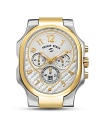 Philip Stein oblong chronograph watch head in two-tone stainless steel features Arabic numbers and 3-eye design.