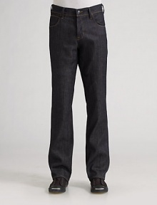A sleek, dark wash cut straight through the seat and down the legs; ultimate versatility to dress up with a blazer or down with a polo. Five-pocket style Button fly Inseam, about 34 Cotton/elastane; machine wash Made in USA A sleek, dark wash cut straight through the seat and down the legs; ultimate versatility to dress up with a blazer or down with a polo. Five-pocket style Button fly Inseam, about 34 Cotton/elastane; machine wash Made in USA