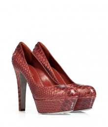 Sultry snake-embossed leather covers these statement pumps from Sergio Rossi - Round toe, high front platform, ultra-high heel, snake-embossed leather - Style with leather leggings, skinny jeans, or a figure-hugging sheath