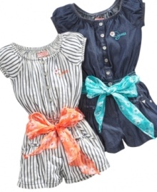 Take a one-way street to style. Get her ready in one step with these darling denim rompers from Guess. Take a one-way street to style. Get her ready in one step with these darling denim rompers from Guess.