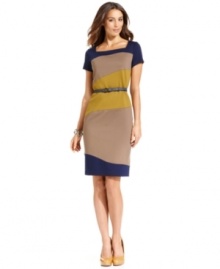 Jones New York's dress features a sleek colorblocked sheath silhouette and a waist-defining matching belt. Jones New York's dress features a sleek colorblocked sheath silhouette and a waist-defining matching belt.