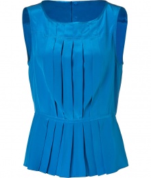 Chic sleeveless top in fine, pure bright blue silk - Feminine, fitted silhouette tapers gently through middle - On-trend, gathered peplum waist - Round neck and snap closure at back - Decorative pleated front - Effortlessly elegant, seamlessly transitions from day to evening - Pair with pencil skirts, skinny jeans and cropped trousers