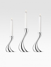 Reminiscent of antique candesticks but nothing like their forebears in that they have smooth, gravity-defying curves rendered in mirror-polished stainless steel. From the Cobra CollectionSet of 3Stainless steel6¼-9½H X 3½ diam.Dishwasher safeImported Reminiscent of antique candesticks but nothing like their forebears in that they have smooth, gravity-defying curves rendered in mirror-polished stainless steel. From the Cobra CollectionSet of 3Stainless steel6¼-9½H X 3½ diam.Dishwasher safeImported
