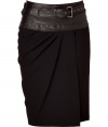 Luxurious skirt in fine black wool-rayon stretch - Immensely flattering and elegant, yet comfortable - Stylish wrap draping and exquisite, wide leather yoked waist with belt - Slim cut, comfortable mid-thigh length - A dream of a skirt for chic evening events - Wear with a tunic, silk blouse, top and blazer