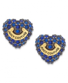 Follow your heart. These ladylike heart stud earrings feature sapphire-hued pave crystals and a gold tone logo banner. Crafted from hematite tone mixed metal. Approximate diameter: 3/8 inch. Follow your heart. These ladylike heart stud earrings feature sapphire-hued pave crystals and a gold tone logo banner. Crafted from hematite tone mixed metal. Approximate diameter: 3/8 inch.