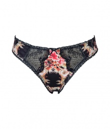 Turn up the heat in this ultra-luxe tropical print thong from Elle MacPherson Intimates - Scalloped black lace paneling, thin waistband, wide side garters, front bow detail - Perfect under virtually any outfit or paired with a matching bra for stylish lounging Turn up the heat in this ultra-luxe tropical print thong from Elle MacPherson Intimates - Scalloped black lace paneling, thin waistband, wide side garters, front bow detail - Perfect under virtually any outfit or paired with a matching bra for stylish lounging