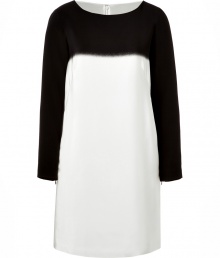 Modern in monochrome with cool long sleeves, Tibis black and white silk shift is a chic choice for dressing up day and evening looks alike - Wide neckline, long sleeves, hidden zippered cuffs, hidden back zip - Loosely tailored fit - Wear with jet black leather accessories and statement chunky chain jewelry Modern in monochrome with cool long sleeves, Tibis black and white silk shift is a chic choice for dressing up day and evening looks alike - Wide neckline, long sleeves, hidden zippered cuffs, hidden back zip - Loosely tailored fit - Wear with jet black leather accessories and statement chunky chain jewelry