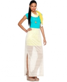 A neon underlay adds irreverent appeal to this sheer striped Bar III chiffon maxi skirt -- a spring must-have! A neon underlay adds irreverent appeal to this sheer striped Bar III chiffon maxi skirt -- a spring must-have!