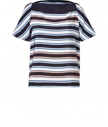 Stylish top in fine striped silk - Feminine mix of colors includes black and pastel tones - Super-soft and lightweight - Casual, relaxed silhouette - U-boat-neck and short carded arm - Perfect top for business and leisure when paired with a pencil skirt or skinny jeans and heels