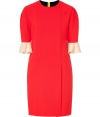 Be the life of the party in this ultra-chic party dress from London It designer Roksanda Ilincic - Round neck, three-quarter sleeves with ruffle cuff, fitted silhouette with front and back seaming details - On-seam pockets, colorblocked back panel, exposed back zip closure - Wear with sky-high platform pumps and a statement bag