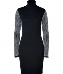 Work an note of urban glamour into your edgy knitwear collection with Versaces ultra cool metallic knit sleeve dress - Turtleneck, long sleeves, black trim - Form-fitting silhouette - Team with edgy ankle boots and a flash of metallic accessories