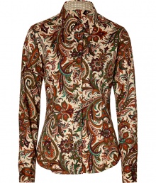 The venerable house of Etro staked its storied name on eye-catching paisley prints, and this elegant, green and nude blouse does not disappoint - Flattering, classic button down style in a soft, multicolor cotton stretch blend - Slim, feminine cut tapers through waist - Small collar, long, cuffed sleeves and full button placket -  Polished and undeniably chic, perfect for pairing with denim, dress trousers, leather pants or pencil skirts