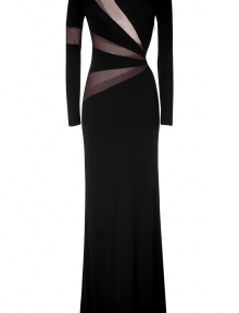 Exquisitely glamorous with peek-a-book mesh paneling, Emilio Puccis long sleeved evening gown is perfect for your most festive events - Rounded neckline in front, deep asymmetrical V in back, hidden side zip, form-fitting - Pair with a box clutch and sky-high platforms