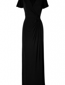 Elegant, evening dress made ​.​.of fine black silk jersey - Light feel and simple, flattering stretch - Side, decorative draping at waist - V-neckline with short sleeves - Conservative, classy design is perfect for exclusive events - Wear with sandals and a clutch