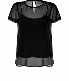 A feminine choice perfect for dressing up or down, DKNYs embellished silk tee lends an understated glamorous edge to any outfit - Round neckline with black and gold-toned embellishment, slit with button closure at nape, short sleeves, adjustable spaghetti strap cami lining - Loose fit - Tuck into pencil skirts with sky-high heels for cocktails A feminine choice perfect for dressing up or down, DKNYs embellished silk tee lends an understated glamorous edge to any outfit - Round neckline with black and gold-toned embellishment, slit with button closure at nape, short sleeves, adjustable spaghetti strap cami lining - Loose fit - Tuck into pencil skirts with sky-high heels for cocktails