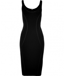 Curve-hugging black stretch dress with exposed back zipper from Donna Karan - Look party-perfect in this flattering evening dress - Scoop neck, fitted silhouette, seaming detail, exposed back zip - Style with Wolford fishnets, high heels, and a Mulberry clutch