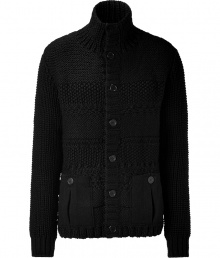 Luxurious black wool knit cardigan - Stay warm and look cool in this stylish cardigan - High neck style with retro-inspired pocket details - Style with distressed jeans and a parka for casual cool - Wear with trousers, oxfords, and a leather jacket Luxurious black wool knit cardigan - Stay warm and look cool in this stylish cardigan - High neck style with retro-inspired pocket details - Style with distressed jeans and a parka for casual cool - Wear with trousers, oxfords, and a leather jacket