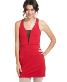 Panels of sheer black mesh at the chest and back add the right amount of heat to this fitted, mini dress by Planet Gold – a hot frock for all festive occasions. Panels of sheer black mesh at the chest and back add the right amount of heat to this fitted, mini dress by Planet Gold – a hot frock for all festive occasions.