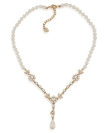 Stop and smell the flowers with this floral-designed necklace by Carolee. Glass and plastic pearls make a stunning statement with a plunging Y-shaped pendant embellished with glass stone accents. Crafted in gold tone mixed metal. Approximate length: 16 inches + 2-inch extender.